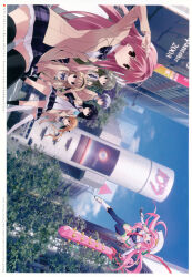 2000s_(style) 6+girls absurdres antenna_hair aoi_sena artist_collaboration black_bow black_hairband black_socks black_thighhighs blazer blue_hair blue_sky boots bow bowtie bracelet breasts brown_jacket building buttons cellphone chaos;head city cleavage_cutout clothing_cutout cloud cloudy_sky collarbone collared_shirt day detached_sleeves everyone exif_rotation fingerless_gloves flip_phone floating_hair floating_neckwear flying frilled_skirt frills from_side furrowed_brow gloves gold_bracelet green_eyes green_hair hair_between_eyes hair_bow hair_ornament hairband hand_up happy hat highres holding holding_mace holding_phone holding_weapon huge_weapon jacket jewelry kishimoto_ayase kneehighs kusunoki_yua lamppost lapels leaf long_hair looking_at_viewer looking_to_the_side mace magical_girl matsuo_yukihiro medium_breasts miniskirt multiple_girls multiple_hair_bows necktie nishijou_nanami non-web_source notched_lapels official_art open_clothes open_collar open_jacket open_mouth orihara_kozue petticoat phone pink_bow pink_eyes pink_hair plaid_bow plaid_bowtie plaid_clothes plaid_necktie plaid_skirt purple_eyes purple_hair red_necktie red_ribbon ribbon road_sign sakihata_rimi salute sasaki_mutsumi school_emblem school_uniform seira_orgel shibuya_(tokyo) shibuya_109 shibuya_scramble_crossing shirt short_hair side_ponytail sign skirt sky skyscraper smile socks spiked_mace spikes suimei_school_uniform thick_thighs thighhighs thighs tokyo_(city) tongue tree wavy_hair weapon white_boots white_hat white_petticoat white_shirt white_thighhighs zettai_ryouiki