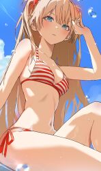 Rule 34 | 1girl, absurdres, arm up, bikini, blonde hair, blue eyes, blue sky, blush, breasts, cloud, curvy, day, hairpods, highres, lips, long hair, navel, necosuna7l, neon genesis evangelion, outdoors, red bikini, side-tie bikini bottom, sitting, sky, small breasts, solo, souryuu asuka langley, stomach, striped bikini, striped clothes, swimsuit, thong, thong bikini, very long hair, wet, wide hips