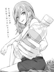 1boy bottle greyscale grusha_(pokemon) hair_over_one_eye highres holding holding_bottle looking_at_viewer min_(myna8247) monochrome nintendo pokemon pokemon_sv sitting smile topless_male translation_request water_bottle