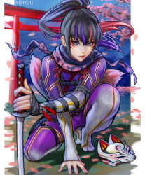 Rule 34 | 1girl, ai shou, black and red and purple hair, fox mask, highres, kitsune marks, kunimitsu ii, ninja, mask, namco, purple eyes, tekken, tekken 7, tekken 8