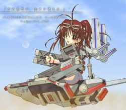 1girl armored_core armored_core_nexus ass cloud female_focus fromsoftware hier lowres mecha_musume outdoors red_eyes red_hair sitting sky solo