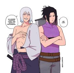 Rule 34 | black hair, cosplay, costume switch, crossed arms, english text, grey pants, hand on own chest, hoozuki suigetsu, looking at another, multiple boys, narrowed eyes, naruto (series), naruto shippuuden, pants, partially undressed, purple eyes, raised eyebrows, rope belt, sharp teeth, shirt, short hair, sleeveless, sleeveless shirt, speech bubble, spiked hair, suika suigetsu, sword, sword on back, teeth, uchiha sasuke, weapon on back, white background, white shirt