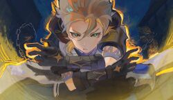 1boy albedo_(genshin_impact) black_gloves blonde_hair coat derivative_work dulioon genshin_impact gloves glowing hands_up highres looking_ahead male_focus pose_request screenshot_redraw short_sleeves solo v-shaped_eyebrows white_coat wind