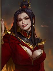 1girl aleriia_v artist_name avatar:_the_last_airbender avatar_legends azula black_hair breasts brown_eyes cleavage commentary earrings embers english_commentary evil_smile eyeliner hair_bun hair_over_breasts highres jewelry large_breasts long_hair looking_at_viewer makeup patreon_username red_lips signature single_hair_bun smile solo teeth topknot upper_body