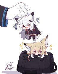 &gt;_&lt; +++ 1other 2girls :d animal_ears arknights bag black_boots black_gloves black_jacket blonde_hair blush boots braid brown_eyes chibi closed_eyes closed_mouth commentary doctor_(arknights) english_commentary fang fold-over_boots fox_ears fox_girl fox_tail gloves hair_between_eyes hair_ornament hairclip highres in_bag in_container jacket kurotofu lappland_(arknights) lappland_the_decadenza_(arknights) lifting_person long_hair mini_person minigirl multiple_girls open_mouth out_of_frame recruitment_bag_(arknights) scar scar_across_eye scar_on_face shadow short_eyebrows signature simple_background smile tail thick_eyebrows very_long_hair vulpisfoglia_(arknights) white_background white_hair xd