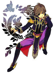 1boy boots brown_hair character_request check_character closed_mouth date_masamune_(sengoku_musou) ebira epaulettes eyepatch knee_up long_sleeves male_focus sengoku_musou simple_background sitting solo white_background
