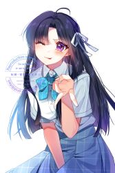 1girl ahoge awa_subaru black_hair blue_bow blue_bowtie blue_skirt blush bow bowtie breasts closed_mouth collared_shirt commentary dress_shirt girls_band_cry gyaru_v hair_ribbon hand_up hashtag-only_commentary highres long_hair looking_at_viewer medium_breasts one_eye_closed parted_bangs plaid_clothes plaid_skirt pleated_skirt purple_eyes ribbon school_uniform shirt short_sleeves simple_background skirt solo tamaki_(tetksb_tamaki) tongue tongue_out unmoving_pattern v watermark white_background white_ribbon white_shirt