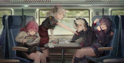 4girls absurdres aru_(blue_archive) blue_archive book chair closed_eyes cup desk gloves haruka_(blue_archive) highres indoors jacket kayoko_(blue_archive) multicolored_hair multiple_girls mutsuki_(blue_archive) pink_hair pleated_skirt purple_hair red_hair short_hair sitting skirt sleeping streaked_hair table train_interior yunkkker