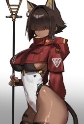 Rule 34 | 1girl, absurdres, animal ear fluff, animal ear piercing, animal ears, arm behind back, blunt bangs, breasts, cat ears, cat girl, cat tail, channyy19, closed mouth, colored inner animal ears, commentary, covered eyes, covered navel, cowboy shot, dark-skinned female, dark skin, english commentary, fingernails, from side, gradient background, hair over eyes, highleg, highleg leotard, highres, holding, holding staff, hooded shrug, large breasts, leotard, long sleeves, nail polish, original, shrug (clothing), sidelocks, solo, staff, standing, tail, white leotard, yellow nails
