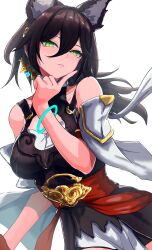 1girl absurdres animal_ears black_dress bracelet breasts brown_hair commentary cowboy_shot double-parted_bangs dress earrings fox_ears fox_girl green_eyes hair_between_eyes hand_on_own_chin highres honkai:_star_rail honkai_(series) index_finger_raised jewelry long_hair looking_at_viewer medium_breasts parted_lips pelvic_curtain red_sash sash simple_background solo standing tingyun_(harmony)_(honkai:_star_rail) tingyun_(honkai:_star_rail) white_background yuu_(primenumber7)