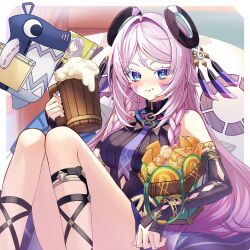1girl :t ahoge alcohol bare_shoulders beer beer_mug blue_eyes blue_necktie blush book braid breasts chips_(food) citlali_(genshin_impact) closed_mouth colored_eyelashes cup detached_sleeves eating facial_mark food food_on_face genshin_impact hair_ornament highres holding holding_cup knees_up long_hair long_sleeves looking_at_viewer medium_breasts mexican_food mug mutumumu nacho_chipu nachos necktie pink_hair popcorn purple_hair sitting skirt sleeveless snack solo totopos very_long_hair