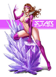 1girl boots breasts brown_hair carol_ferris center_opening character_name cleavage crystal dc_comics female_focus from_side full_body gem gloves glowing green_lantern_(series) high_collar high_heel_boots high_heels highres jewelry kenshjn_park knee_boots large_breasts legs_apart leotard long_hair looking_at_viewer navel on_one_knee pink_boots pink_eyes purple_boots purple_thighhighs revealing_clothes ring simple_background solo sparkle star_sapphire_(dc) thigh_boots thighhighs torn_clothes torn_leotard wavy_hair white_background