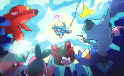 ? brionne commentary dewott eagle_(pixiv8177028) eyelashes finneon fish_hook fishing_line gen_1_pokemon gen_2_pokemon gen_4_pokemon gen_5_pokemon gen_7_pokemon glint green_eyes nintendo no_humans octillery open_mouth pokemon pokemon_(creature) poliwag pyukumuku smile spoken_question_mark underwater