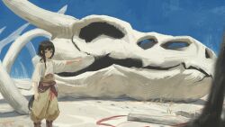 1girl absurdres animal_skeleton animal_skull black_hair blurry blurry_foreground brown_pants commentary day desert english_commentary giant_skull grey_eyes highres log long_hair looking_at_viewer original outdoors pants pointing puffy_pants sand shirt sky solo standing ujin_holo white_shirt