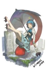 1girl absurdres bare_legs blue_eyes blue_hat blue_skirt blue_vest brown_footwear commentary_request geta hat heterochromia highres hua_ha_jiazi juliet_sleeves long_sleeves no_socks oil-paper_umbrella parted_lips puffy_sleeves red_eyes shirt short_hair sitting skirt solo tatara_kogasa touhou umbrella vest white_shirt