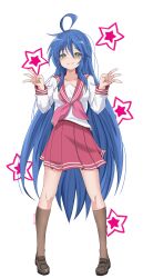 Rule 34 | 1girl, :3, absurdres, ahoge, black shoes, blue hair, blush, brown socks, closed mouth, dot nose, double w, full body, green eyes, hair between eyes, half-closed eyes, highres, izumi konata, kneehighs, loafers, long hair, long sleeves, lucky star, mole, mole under eye, neckerchief, pink neckerchief, red sailor collar, red skirt, sailor collar, shirt, shoes, sidelocks, simple background, skirt, smile, socks, solo, star (symbol), star symbol background, twitter username, varo 006, very long hair, w, white background, white shirt