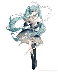1girl absurdres animal_print aqua_hair artist_name asymmetrical_footwear bird bird_print black_boots blue_eyes boots capelet chinese_commentary commentary_request dress frilled_capelet frilled_dress frilled_sleeves frills full_body hair_between_eyes hatsune_miku highres long_hair long_sleeves looking_to_the_side migolu own_hands_together pleated_dress print_dress smile solo standing twintails twitter_username very_long_hair vocaloid watermark weibo_watermark white_background white_capelet