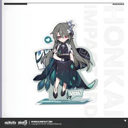 absurdres aged_down alternate_costume anklet black_gloves character_name copyright_name earrings gloves grey_hair hair_between_eyes heart highres honkai_(series) honkai_impact_3rd jewelry light_smile long_hair looking_at_viewer official_art peacock_feathers_hair_ornament red_eyes sidelocks sitting vita_(honkai_impact)