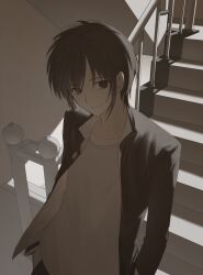 Rule 34 | 1boy, absurdres, backlighting, black eyes, black hair, black jacket, black pants, closed mouth, gaezugi2 2, gakuran, highres, jacket, long sleeves, looking at viewer, male focus, open clothes, open jacket, pants, randal&#039;s friends, school uniform, shirt, short hair, smile, solo, stairs, stairwell, tsukada satoru, white shirt