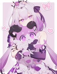 1girl bare_shoulders black_tiara castorice_(honkai:_star_rail) chimera_(honkai:_star_rail) commentary_request dress flower gloves hair_ornament highres honkai:_star_rail honkai_(series) hugging_doll hugging_object long_hair partial_commentary pochimaru_(marumaru_wanwan) pointy_ears purple_eyes purple_gloves purple_hair solo tiara very_long_hair white_dress