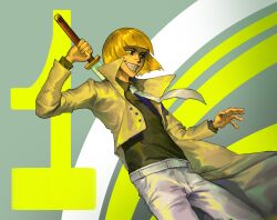 Rule 34 | 1boy, absurdres, belt, black eyes, black shirt, bleach, blonde hair, blunt bangs, bob cut, buttons, closed mouth, coat, collared shirt, cowboy shot, floating, from side, grey background, grin, hand up, hieumay, highres, hirako shinji, holding, holding behind back, holding sword, holding sword behind back, holding weapon, holding weapon behind back, leaning back, looking to the side, male focus, necktie, number background, open hand, pants, popped collar, shinigami, shirt, short hair, simple background, smile, solo, sword, weapon, white belt, white necktie, white pants, yellow theme, zanpakutou