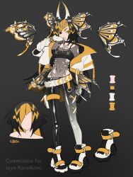 1girl asymmetrical_bangs asymmetrical_footwear asymmetrical_legwear belt belt_buckle black_boots black_bra black_choker black_eyes black_hair black_pants blonde_hair boots bra buckle butterfly_wings choker collared_jacket color_guide commentary commissioner_name covered_navel cross-laced_pants demon_horns english_commentary fingerless_gloves full_body gloves gradient_horns gradient_pants grey_background grey_gloves grey_leotard hair_ornament hairclip hand_on_own_cheek hand_on_own_face head_wings heterochromia highres holster horns insect_wings jacket jacket_partially_removed latex_pants layered_gloves leotard leotard_under_clothes lips long_hair looking_at_viewer mismatched_footwear mismatched_legwear multicolored_boots multicolored_hair multicolored_horns multiple_belts original pants parted_lips reference_sheet shoe_belt short_sleeves side_slit signature simple_background sleeved_leotard smile solo standing straight_hair thigh_belt thigh_strap torn_clothes torn_leotard two-tone_boots two-tone_hair two-tone_pants underwear very_long_hair watermark white_arm_warmers white_belt white_boots white_gloves white_horns white_jacket white_pants wikate wings yellow_belt yellow_eyes yellow_horns yellow_wings
