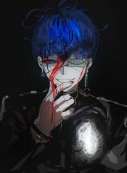 1boy black_background bleeding blood blue_hair eyepatch grin hand_up highres looking_at_viewer male_focus messy_hair omokage_yugamu one_eye_covered simple_background smile teeth the_hundred_line_-last_defense_academy-