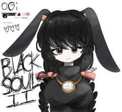 Rule 34 | 1girl, alternate color, alternate eye color, alternate hair color, alternate hairstyle, animal ears, black hair, black shirt, black souls, black souls 2, bow, braid, breasts, english text, faydee, gold necklace, hair over eyes, heart, highres, jewelry, long hair, looking at viewer, medium breasts, necklace, node (black souls), pale skin, pink bow, pink eyes, pocket watch, rabbit ears, rabbit girl, shirt, sidelocks, signature, smile, solo, turtleneck, twin braids, twitter username, watch, white background