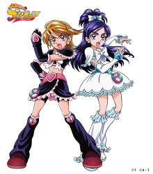 Rule 34 | 2girls, absurdres, anime coloring, artist request, belt, belt buckle, black arm warmers, black gloves, black leg warmers, black shirt, black shorts, black skirt, blue belt, bow, bowtie, brown eyes, brown hair, brown shoes, buckle, clenched hand, copyright notice, cropped shirt, cure black, cure white, determined, dress, earrings, eyelashes, fighting stance, fingerless gloves, fingernails, frilled arm warmers, frilled leg warmers, frilled skirt, frilled sleeves, frills, full body, furrowed brow, futari wa precure, gloves, hair between eyes, hair bow, hair ornament, hand on own hip, heart, heart-shaped buckle, heart earrings, heart hair ornament, heart print, high ponytail, highres, jewelry, lace, lace-trimmed dress, lace trim, leg warmers, legs apart, long hair, loose hair strand, magical girl, medium hair, midriff, miniskirt, misumi nagisa, multiple girls, navel, official art, open mouth, pink bag, pink belt, pink bow, pink bowtie, ponytail, precure, purple eyes, purple hair, shirt, shoes, short dress, short ponytail, short sleeves, shorts, shorts under skirt, simple background, skirt, skirt set, split ponytail, standing, swept bangs, tareme, thick eyebrows, third-party source, tsurime, two-tone bag, waist bag, white arm warmers, white background, white bag, white bow, white bowtie, white dress, white leg warmers, white shoes, yukishiro honoka