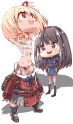 2girls absurdres bikini bikini_under_clothes black_bikini black_hair blank_stare blonde_hair blue_dress breasts closed_mouth commentary_request dress grey_dress hair_ribbon highres inoue_takina large_breasts long_hair lycoris_recoil lycoris_uniform mascot_costume mascot_head multiple_girls nishikigi_chisato pleated_dress purple_eyes red_dress red_ribbon ribbon see-through_clothes see-through_shirt shirt short_hair side-tie_bikini_bottom sweat sweaty_clothes swimsuit tied_shirt two-tone_dress very_sweaty white_background white_shirt yazawa_mana