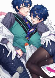 Rule 34 | 1boy, 1girl, aqua eyes, aqua sweater vest, belt, blue hair, blue necktie, blue pants, blush, breasts, brown pantyhose, cleavage, coat, collared shirt, condom, cum, cum on body, dildo, gagake v, genderswap, genderswap (mtf), glasses, gloves, grey belt, grey shirt, highres, hitachi magic wand, large breasts, leos vincent, leos vincent (1st costume), looking at viewer, navel, necktie, nijisanji, obliques, off shoulder, open clothes, open coat, pants, pantyhose, pinstripe pants, pinstripe pattern, pinstripe skirt, print shirt, sex toy, shirt, simple background, smile, sweat, teeth, tie clip, unfinished, vibrator, virtual youtuber, white background, white coat, white gloves