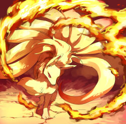 animal_focus blonde_hair creatures_(company) emunise fire game_freak gen_1_pokemon kitsune long_hair ninetales nintendo no_humans pokemon pokemon_(creature) red_eyes solo