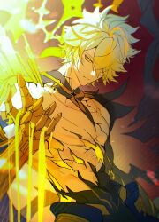 1boy alternate_form bare_pectorals black_shirt black_wings blonde_hair commentary_request cracked_skin dripping hair_between_eyes halo halo_behind_head highres honkai:_star_rail honkai_(series) male_focus material_growth pectorals phainon_(honkai:_star_rail) shirt solo tomanattsu toned toned_male torn_clothes torn_shirt twitter_username upper_body wings yellow_blood yellow_eyes