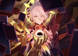 1boy alternate_form asymmetrical_wings black_shirt black_wings blonde_hair clawed_gauntlets commentary cracked_skin hair_between_eyes halo halo_behind_head highres honkai:_star_rail honkai_(series) looking_at_viewer male_focus material_growth phainon_(honkai:_star_rail) ryokucha_(taiyaki_202305) shirt short_hair solo torn_clothes torn_shirt upper_body wings yellow_blood yellow_eyes yellow_wings