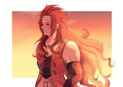 black_shirt border gloves headband highres jacket long_hair looking_afar mero17npa22 pants pink_gloves pink_jacket red_hair serious sheath sheathed shirt sleeveless sleeveless_shirt sunset sword tales_of_(series) tales_of_symphonia weapon white_border white_headband white_pants zelos_wilder