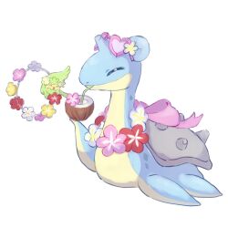 Rule 34 | animal focus, closed eyes, closed mouth, coconut cup, comfey, drinking straw, eyewear on head, flower, flower necklace, gen 1 pokemon, gen 7 pokemon, heart, heart-shaped eyewear, highres, horns, jewelry, lapras, lei, necklace, nintendo, no humans, open mouth, pink-tinted eyewear, pokemon, pokemon (creature), pokemon focus, pompomn ta, simple background, single horn, smile, sunglasses, tinted eyewear, white background