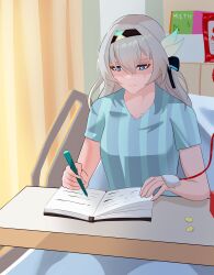 Rule 34 | 1girl, absurdres, bed, black hairband, black ribbon, blood, blood bag, book, crying, crying with eyes open, english text, firefly (honkai: star rail), grey hair, hair between eyes, hair intakes, hair ornament, hair ribbon, hairband, highres, holding, holding pencil, honkai: star rail, honkai (series), hospital bed, hospital gown, long hair, mechanical pencil, pencil, ribbon, solo, striped clothes, tears, thevarnese, vertical-striped clothes, writing