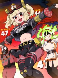2girls absurdres belt black_belt black_thighhighs blonde_hair boku_no_hero_academia bongfill breasts burnice_white burnin_(boku_no_hero_academia) commentary cropped_jacket crossover dress english_text eyewear_on_head fiery_hair fingerless_gloves gloves grey_jacket grin highres jacket large_breasts long_hair long_sleeves looking_at_viewer multiple_crossover multiple_girls navel open_clothes open_jacket open_mouth outstretched_arms pyro_(tf2) red_eyes red_pyro_(tf2) smile standing sunglasses symbol-only_commentary team_fortress_2 teeth thighhighs thighs trait_connection upper_teeth_only white_dress zenless_zone_zero