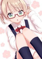 1girl absurdres aged_down bandaid bandaid_on_knee bandaid_on_leg bespectacled black_socks blush borumete bow bowtie brown_hair female_focus glasses green_eyes hair_ornament highres indie_virtual_youtuber kneehighs long_sleeves looking_at_viewer parted_lips pom_pom_(clothes) pom_pom_hair_ornament red-framed_eyewear red_bow red_bowtie semi-rimless_eyewear shigure_ui_(vtuber) shigure_ui_(vtuber)_(young) short_hair socks solo under-rim_eyewear virtual_youtuber