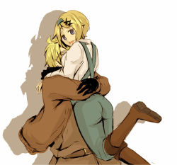 1boy 1girl america_(hetalia) ass axis_powers_hetalia belt blonde_hair bomber_jacket boots breasts carrying glasses gloves hair_ornament hairband hairclip hetero hug jacket knee_boots lifting_person overalls pants shadow short_hair silhouette smile smother suspenders tight_clothes tight_pants ukraine_(hetalia)