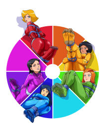 5girls absurdres alex_(totally_spies) ass bdsm black_hair blonde_hair blue_eyes bondage bound bound_ankles bound_arms bound_fingers bound_legs bound_torso bound_wrists breasts britney_(totally_spies) brown_eyes catsuit clover_(totally_spies) dark-skinned_female dark_skin green_eyes highres lipstick lost_one_zero makeup mandy_(totally_spies) mole multiple_girls red_hair rope sam_(totally_spies) totally_spies