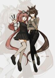 2girls :d agnes_digital_(umamusume) agnes_tachyon_(umamusume) ahoge alternate_costume animal_ears black_pants black_shirt black_shoes black_skirt blue_eyes bow brown_eyes brown_hair brown_tail center_frills collared_shirt ear_ornament frills grey_bow grey_shirt hair_between_eyes hair_bow highres horse_ears horse_girl horse_tail jewelry long_hair long_sidelocks long_sleeves medium_hair multiple_girls open_mouth pants pink_hair pink_tail plaid_bow pleated_skirt red_eyes ring shirt shoes sidelocks skirt smile tail teru_(t_nano) thighhighs twitter_username umamusume white_shirt white_thighhighs