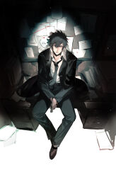 1boy absurdres black_hair black_jacket black_pants brown_shoes closed_mouth collared_shirt commentary fui_(fui29493452) full_body grey_necktie gun highres holding holding_gun holding_weapon jacket kougami_shin&#039;ya lapels looking_at_viewer makishima_shougo male_focus necktie notched_lapels open_clothes open_jacket pants portrait_(object) psycho-pass shirt shoes sitting solo weapon white_shirt