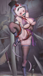 1girl absurdres armpits arms_up bare_shoulders black_leotard blush breasts covered_navel highres huge_breasts leotard ninja original purple_thighhighs red_eyes red_rope restrained rope shibari short_hair sideboob solo standing standing_on_one_leg suerte thighhighs thighs underboob white_hair