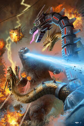 aircraft airplane amputee atomic_breath blue_eyes breath_weapon breathing_lightning building claws cloud cloudy_sky cyborg day debris destruction dinosaur dragon dust ears electricity energy energy_beam epic explosion extra_teeth f-15_eagle forked_tongue giant giant_monster giant_robot glowing glowing_eyes godzilla godzilla_(series) godzilla_vs._king_ghidorah gravity_beam green_eyes highres hydra kaiju king_ghidorah laser mecha mecha-king_ghidorah metal_wings military monster mouth_beam multiple_heads muscular muscular_arms muscular_legs muscular_other no_humans no_pupils official_art open_mouth overcast pablo_olivera pectorals plasma plasma_beam pointy_ears prosthesis prosthetic_head prosthetic_wing realistic red_eyes robot rubble sky skyscraper smoke solar_panel solar_panel_wings sparks spikes tail tendril textless_version thick_thighs thighs toho tongue tongue_out triple-laser_beam variant_set wings