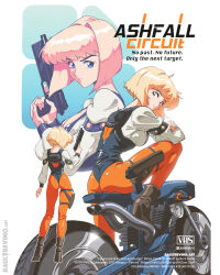 1girl aiming_up armband artist_name ass black_armband black_leotard blonde_hair blue_background blue_corset blue_eyes blunt_ends bob_cut boots breasts brown_boots cleavage closed_mouth collage commentary content_rating corset cover cropped_torso crossed_arms elbow_on_knee english_commentary english_text fake_cover from_behind from_side full_body gun hair_intakes handgun highres holding holding_gun holding_weapon holster inverted_bob knee_up leotard light_smile long_sleeves looking_at_viewer looking_to_the_side making-of_available medium_breasts motor_vehicle motorcycle multiple_views on_motorcycle orange_pantyhose original outline pantyhose puffy_sleeves raul_trevino retro_artstyle serious shirt short_hair signature simple_background sitting smile solo standing thick_eyebrows thigh_holster title two-handed v-neck vhs_cover watermark weapon web_address white_background white_outline white_shirt
