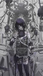 1girl black_thighhighs can closed_mouth commentary_request english_text grey_eyes hair_ornament hair_over_one_eye hairclip head_tilt highres jacket layered_sleeves long_hair long_sleeves looking_at_viewer original purple_hair revision robot romaji_text shirt short_over_long_sleeves short_sleeves skull solo standing thighhighs torn_clothes torn_shirt touzai_(poppin_phl95) translation_request very_long_hair white_jacket white_shirt wide_sleeves x_hair_ornament