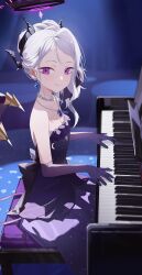 1girl absurdres black_halo blue_archive breasts demon_girl demon_horns demon_wings dress earrings eimizzzzz gloves grand_piano halo highres hina_(blue_archive) hina_(dress)_(blue_archive) horns indoors instrument jewelry long_hair looking_at_viewer music necklace pendant piano playing_instrument playing_piano purple_dress purple_eyes purple_gloves sitting small_breasts solo white_hair wings