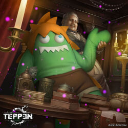 1boy blanka blue_eyes book bow bowtie candle candlestand capcom colored_skin company_connection crossover fat fire green_skin grey_hair highres kuroiwa_enu looking_at_viewer official_art orange_hair plump resident_evil resident_evil_village short_hair smile street_fighter stuffed_animal stuffed_toy teppen the_duke_(resident_evil)