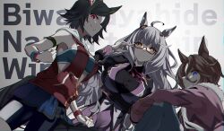 3girls absurdres adjusting_eyewear ahoge animal_ears arm_under_breasts bandaid bandaid_on_face bandeau bike_shorts_under_skirt biwa_hayahide_(umamusume) black-framed_eyewear black_bandeau black_hair black_shirt black_shorts blue_eyes blue_pants blue_skirt bnw_(umamusume) brown_hair character_name clenched_hand closed_mouth commentary denim dress dutch_angle ear_ornament english_commentary frown fur-trimmed_jacket fur_trim glasses grey_hair haibarasaika hair_between_eyes highres hood hood_down hoodie horse_ears horse_girl horse_tail hugging_own_legs jacket jeans juliet_sleeves long_hair long_sleeves looking_at_viewer miniskirt multiple_girls narita_taishin_(umamusume) neck_ribbon pants partially_unzipped pink_jacket puffy_sleeves purple_dress purple_ribbon red_eyes red_hoodie ribbon semi-rimless_eyewear shirt short_hair shorts sitting skirt sleeveless sleeveless_hoodie smile standing tail text_background torn_clothes torn_pants umamusume under-rim_eyewear winning_ticket_(umamusume)